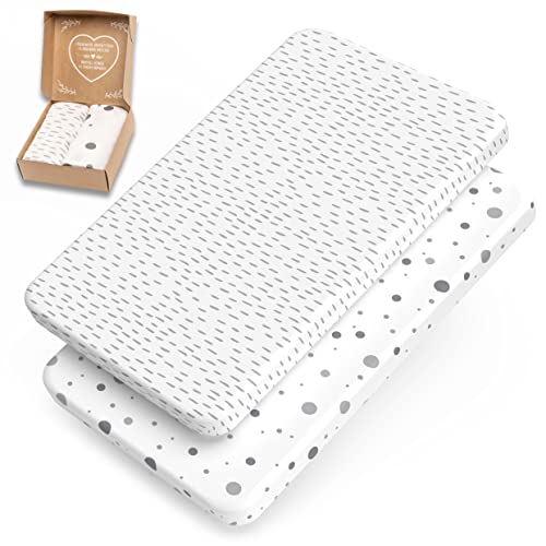 mimaDu 2 x Premium Spannbettlaken für Beistellbett, Wiege, Stubenwagen - OEKO-Tex 100% Jersey Baumwolle - kuschelweiche Spannbetttuecher (Striche Punkte Grau Weiß, 90x40 bis 90x50 cm)