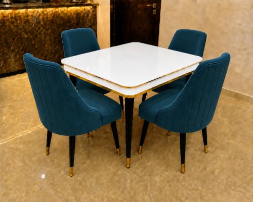 Image of WOODEN SPACE 4 Seater Wooden Dining Table Set | Urban Marble Top Dining Table with Chairs for Dining Room & Kitchen (Modern Infinity Backline Sea Blue) (42 x 42 x 30 inch)