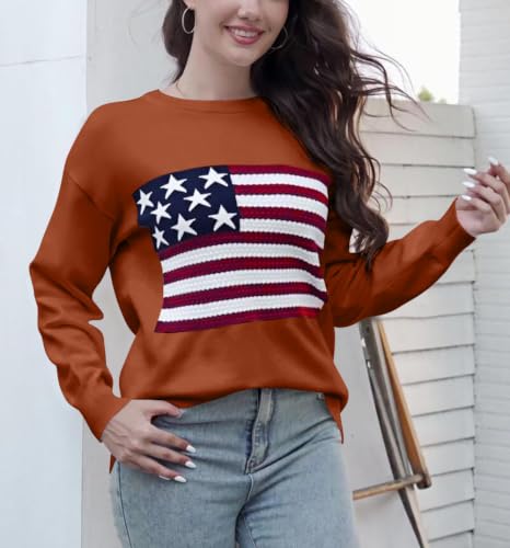 Image of Dressmine Womens American Flag Knit Sweater Crew Neck Long Sleeve Pullover