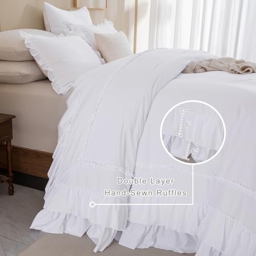 Image of QSH 3PCs Bright White Ruffled Oversized King Comforter 120x120,Shabby Boho Chic Farmhouse Ruffle Bed Comforter Set California King Comforter Ultra Soft Microfiber Lightweight Fluffy Bedding