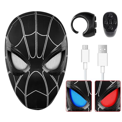 Dluobie Spider Hero Mask with Moving Eyes and LED Lights, Ring Remote, Halloween Roleplay Mask Costume for Teens and Adults, Realistic Full Face Cosplay Prop for Christma & Birthday Parties