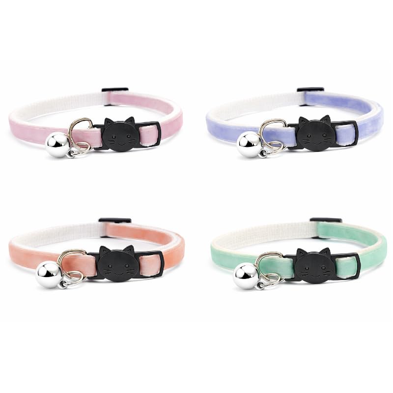 Velvet Cat Collars with Bell. Safe Quick Release Breakaway Buckle | Zacal Cat Collars (Pack of 3) (Baby Pink + Lilac + Mint Green + Peach, Pack of 4)
