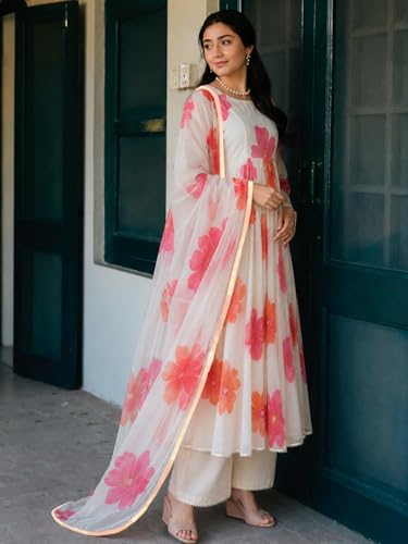 Image of ANNI Designer Kurta Sets for Women Chanderi Cotton Printed | Kurti Set for Woman | Anarkali Kurta Pant Dupatta Set | 3 Piece Set Women | Round Neck 3 /4 Sleeve Suit Set Stylish Ethnic Outfit Clothing