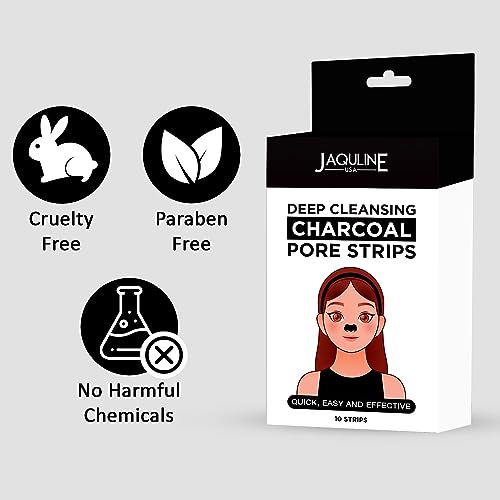 Image of JAQULINE USA Charcoal Nose Pore Strips | Deep Cleansing Nose Strips for Blackhead & Whitehead Removal | Infused with Bamboo Charcoal & Aloe Vera | Unclogs Pores & Removes Oil & Dead Skin - 10 Strips