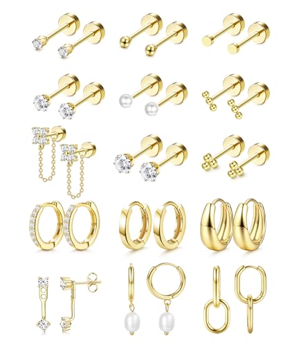 LOLIAS Flat Back Earrings for Women Hypoallergenic Surgical Steel Earrings for Sensitive Ears-20G Cartilage Earring Stacks 14K Gold Plated Hoops Flatback Stud Earring Sets for Multiple Piercing 14K Gold Plated
