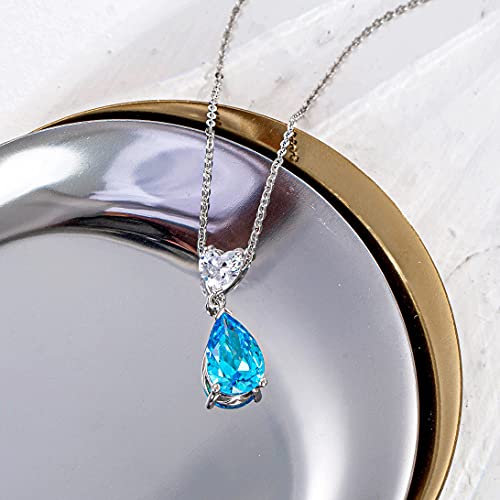 Cacestone March Birthstone Necklace Sterling Silver Created Topaz Pendant Necklace For Women Cubic Zirconia Teardrop Solitaire Gemstone Dainty Jewelry Anniversary Birthday Gifts For Women 16+2 Inch #TOP4