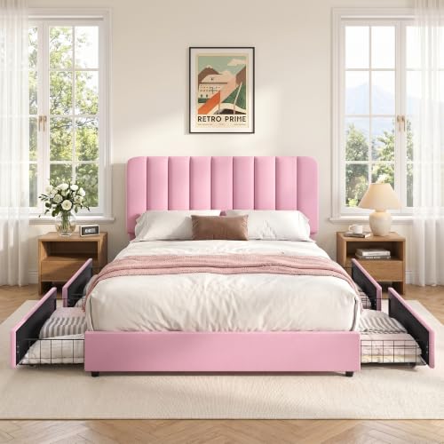 Image of VECELO Full Size Upholstered Bed Frame with 4 Drawers and Headboard, Velvet Platform Storage Bedframe, Wooden Slats Support, No Box Spring Needed,Pink