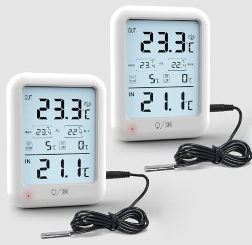 Digital Freezer Thermometer Fridge Temperature with Alarm, Backlight, Magnet, Power On/Off, Max/Min Temperature for Home, Restaurants, RV, External Sensor, AAA Battery (2)