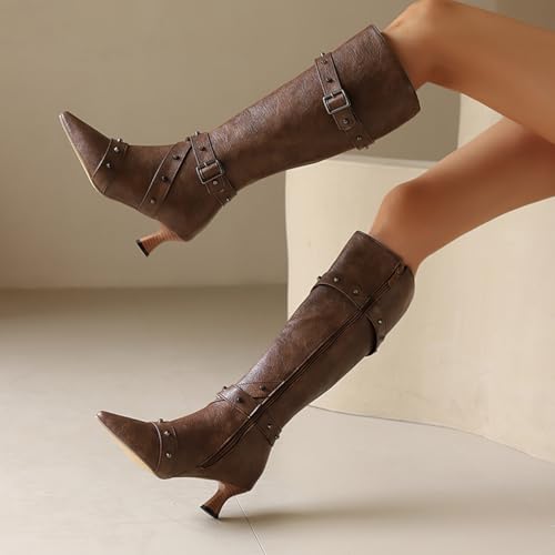 MRKEWUNEY Fashion Women Elegant Knee High Boots Kitten Heel Dress Boots Zipper Pointed Toe Block Heels3