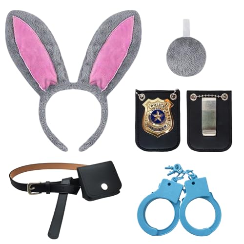Orizizhic Bunny Costume, Rabbit Officer Costume Accessories with Bunny Ears and Tail Toy Handcuffs, Police Badge, Belt with a Leather Pouch, Fancy Dress for Easter Carnival Christmas Cosplay Party