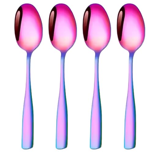 Image of Dinner Spoon Set of 4 - 7.3 inch Rainbow Finish Tablespoons, Premium Food Grade 18 /10 Stainless Steel, Durable & Dishwasher Safe Silverware Spoons for Home, Restaurant, and Gifting