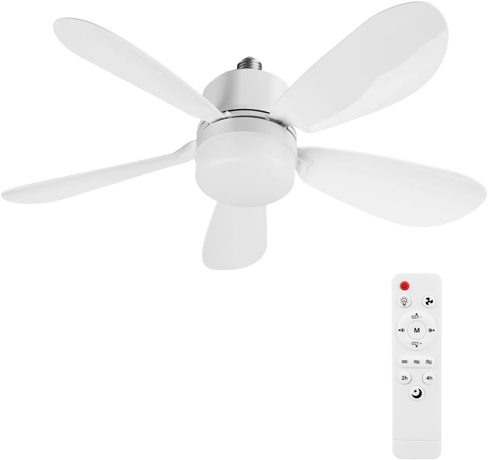 Ventilateur de Plafond avec Lumière et Telecommande, E27/E26 Lampe de Ventilateur LED Dimmable Plafonnier Timing, 5 Pales, Silencieux, 3 Vitesses, pour Salon, Bureau, Dortoir, Chambre (Blanc 40W 52cm)