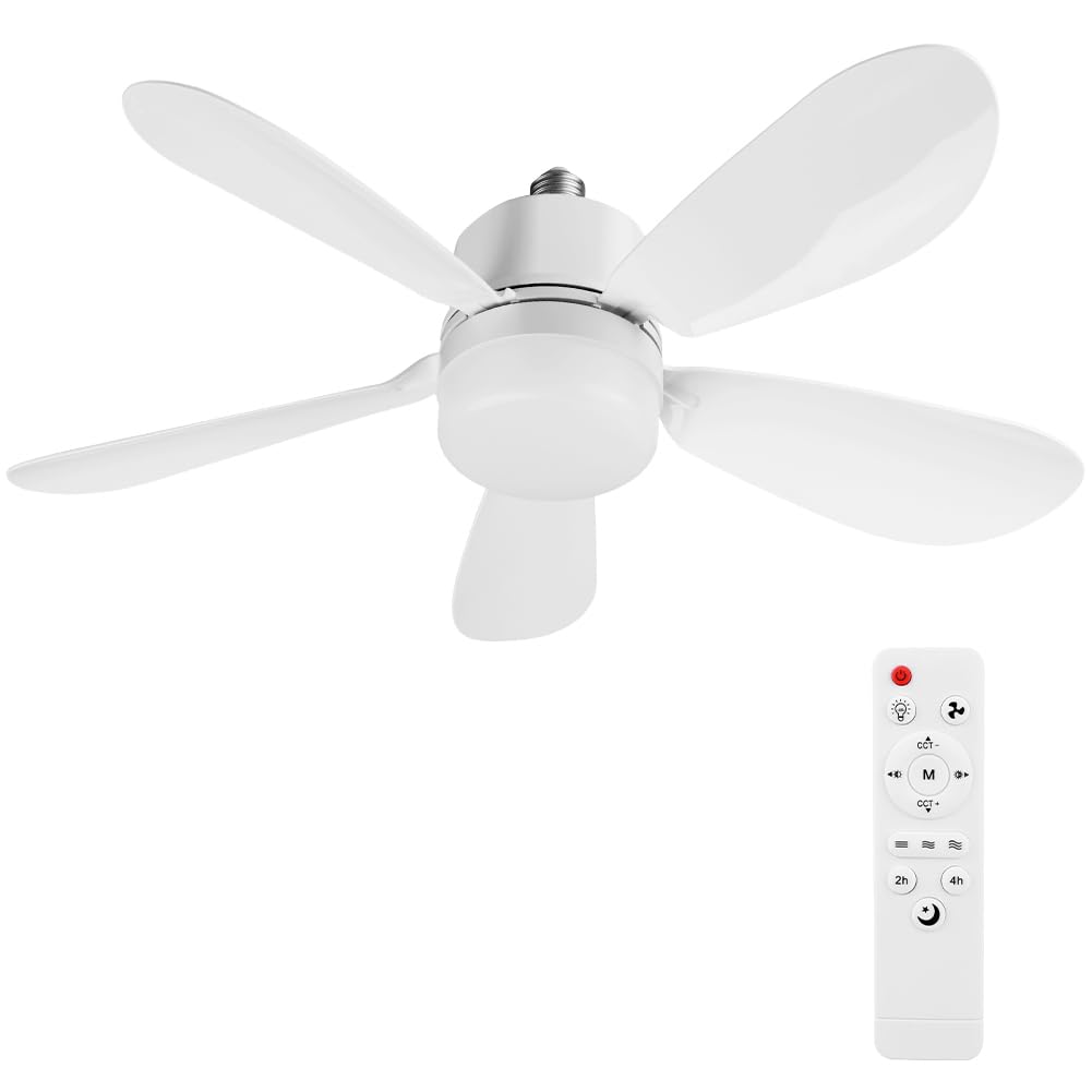 Ceiling Fan Light with Remote | 52CM Plug in Socket Ceiling Fan Light | Timing Dimmable Led Light Fan Bulb Fitting | E26/E27 Silent Screw in Lamp Fans for Bedroom