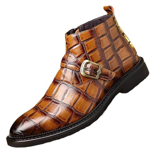 Image of Chelsea Boots for Men's Leather Print Monk Buckle Slip On Dress Boots with Side Zipper Fashion Pointed Toe Buckle Strap Classic Business Chukka Boots for Casual Work Party Oxford Booties