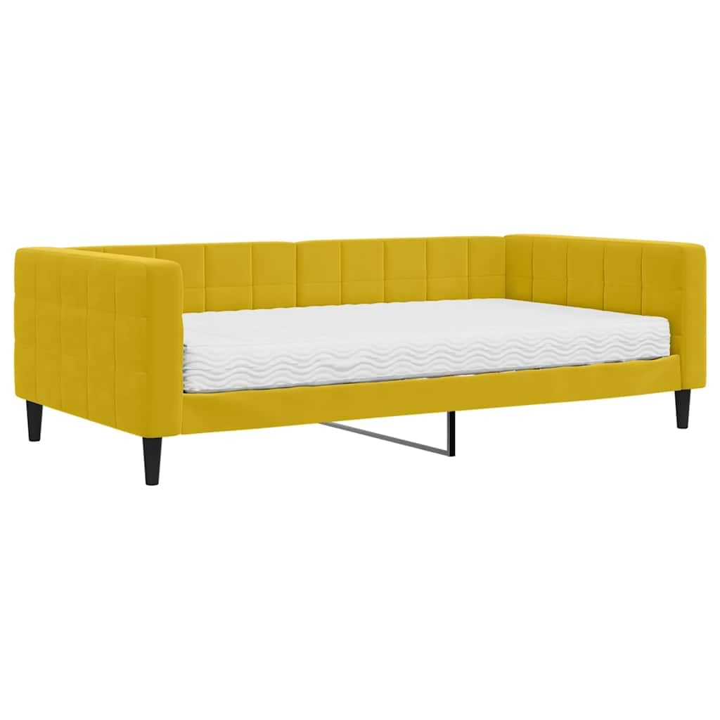 aksamitna rozkładana z materacem do salonu i sypialni 100x200 cm żółty | Sofa z materacem do spania, żółta, 100x200 cm, aksamit, rozkładana kanapa z funkcją spania, nowoczesna do salonu i sypialni