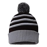 Richardson Stripe Pom Beanie with Cuff One Size Black/Grey/White