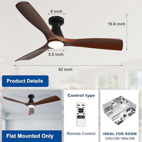 Image of Depuley 52-Inch Ceiling Fans with Lights: Walnut 3 Blade Flush Mount Low Profile Ceiling Fan for Bedroom - Dimmable Indoor Outdoor Fan with Remote Control Ultra Quiet DC Motor Timer