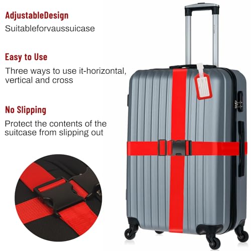 Image of Luggage Straps,2 Pack Adjustable Luggage Straps for Suitcases and Tags Set 2 Straps, 2 Tags,Extends Life of Bag (Red)