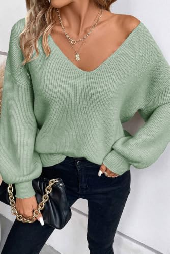 Image of Womens Off Shoulder Bow Back Sweater Sexy Loose Fit Deep V Neck Knit Tops | Backless, Lantern Long Sleeves, Ribbed Knit, Lightweight, Fall Winter Outfit, Party, Halloween, Christmas, New Year's Eve