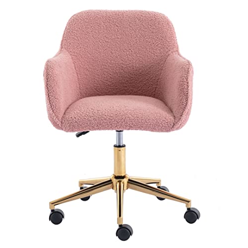 Henf Modern Faux Fur Home Office Chair, Upholstered Fluffy Chair Makeup Vanity Chair for Teen Girls Swivel Desk Chair with Gold Base, Height Adjustable Leisure Elegant Office Chair, Pink - Thumbnail 4