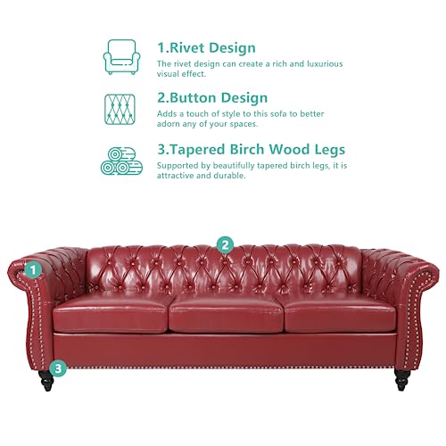Image of QHITTY Accent Large Sofa, Chesterfield Couch 3 Seater Modern Leather Couch Upholstered Sofa with Tufted Back for Living Room Furniture (Burgundy)