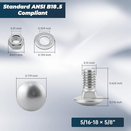 Image of 5 /16-18 x 5 /8 Inch Carriage Bolt Kit, 304 Stainless Steel (18-8) with Hex Nuts & Flat Washers - 10 Sets, Round Head Square Neck, Full Thread Coverage by Glvaner