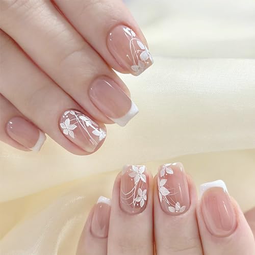 24Pcs Spring Summer Press on Nails Short Square Fake Nails French Tip Design Glossy Glue on Nails with Floral Glossy Nude False Nails Full Cover Stick on Nails Acrylic Nails for Women or Girl Manicure