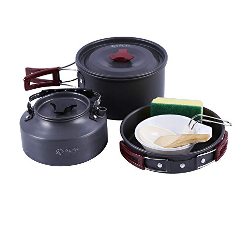REDCAMP Camping Geschirr Set, Camping Kochset Töpfen Teekessel Kaffeekanne, Campingbesteck,...