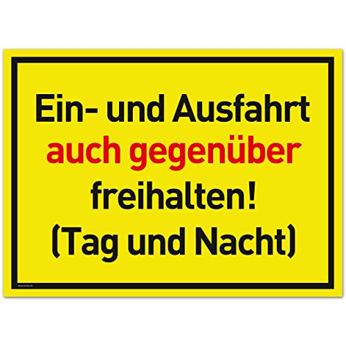 XXL Einhart Freihalten Schild (44x32 cm Kunststoff) - Ausfahrt freihalten Schild - Nie Wieder zugeparkt - Auch Gegenüber - (Gelb) - Tag und Nacht freihalten
