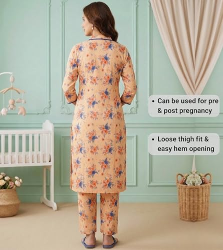 Image of DUMMY SHAPE Maternity Dresses for Women Cotton | Floral Kurta Pant Dupatta Set with Nursing Zippers, Side Pocket | Pre & Post Pregnancy | Feeding Kurti Suit | Baby Shower | Gifts for Pregnant Woman