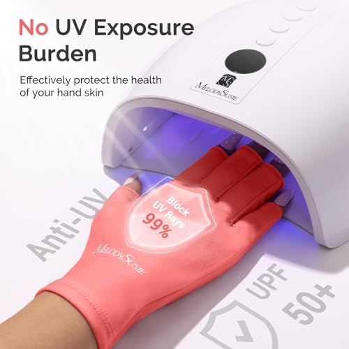 Image of MelodySusie Premium UV Protection Gloves for Manicures, Cool Feeling Fabric,Professional UPF50+, UV Nail Gloves for Gel Nail Lamp, Anti UV Light, Skin Care Fingerless Design, Coral Pink