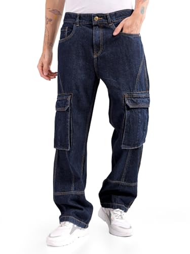 Image of The Indian Garage Co Men Relaxed Fit Solid Mid-Rise Cargo Denim