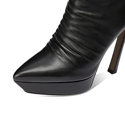 TinaCus Handmade Women's Genuime Leather Platform Plicated Side Zipper Pointed Toe High Stiletto Heel Ankle Boots Shoes2