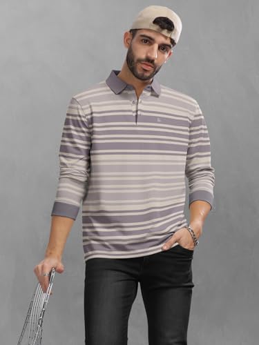 Image of BULLMER Striped Textured Printed Polo Neck Fullsleeve T-Shirt with Rib for Men