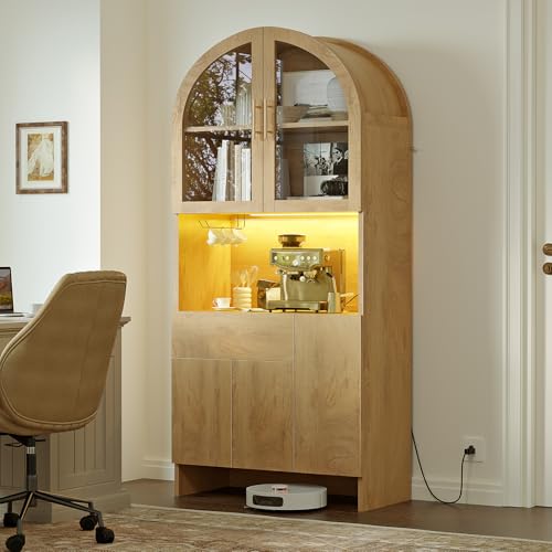 Arched Pantry Cabinet with Power Outlet & LED Light, 71"
