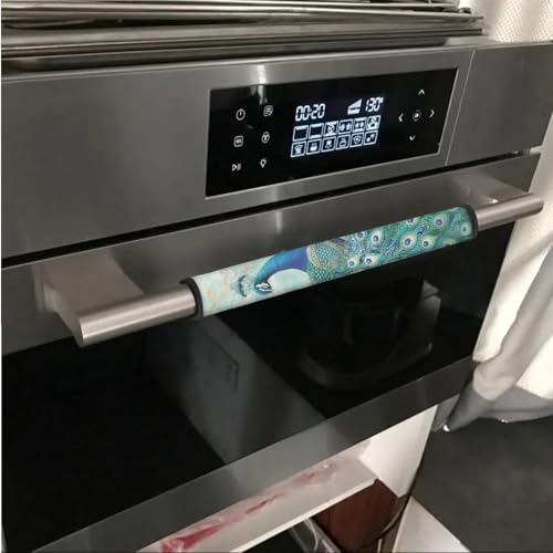Image of Appliance Door Handle Covers Set of 6 Refrigerator Handle Cover Anti-Skid Microwave Door Handle Protector Keep Off Oil Stains, Fingerprints, Peacock Flower Green Blue