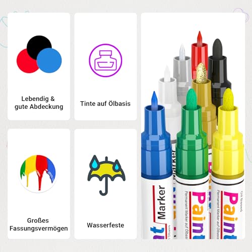 Permanent Marker Wasserfeste Stifte set:8 Dual Tip Steine Bemalen Glasmalstifte Permanent Marker Fein Lackstift Glasstift für Basteln,Karton, Kunststoff, Holz, Metall,Keramik,Tasse,Reifen,Glas,Plastik