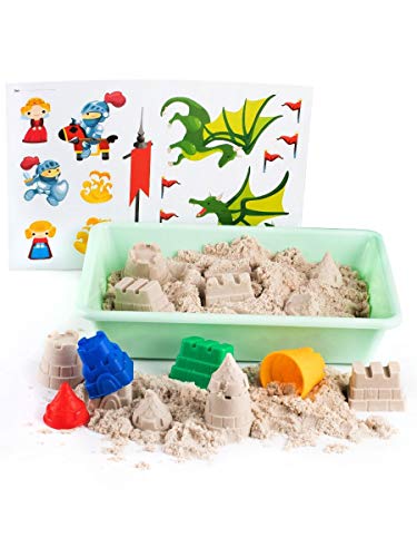 1kg de sable cinétique avec les moules chateau fort jouet avec bac à sable Sable magique à modeler pour les enfants GenioKids Smart Sand Fairy Castle