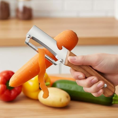 Image of Stainless Steel Vegetable Peeler with Wooden Handle, 2-in-1 Fruit & Vegetable Peeler with Bottle Opener, Sharp Single Blade Kitchen Tool