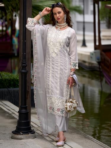 Image of INDO ERA Womens Organza Embroidered Straight Kurta Pant Dupatta Set (IEOUT10618)