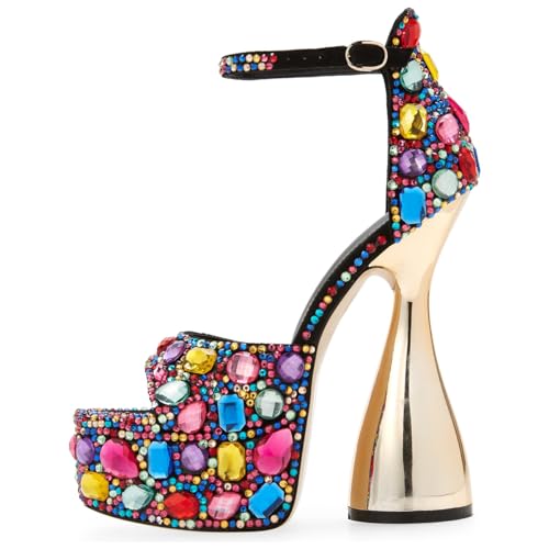 FSJ Women Platform Chunky Heel Open Toe Crystal Ankle Strap Heeled Sandals Block High Heel Sexy Cocktail Party Shoes Size 4-16 US2