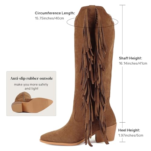 Image of KiutSymo Cowgirl Fringe Boots For Women White Tassels Cowboy Boots Knee High Pointed Toe Western Boots