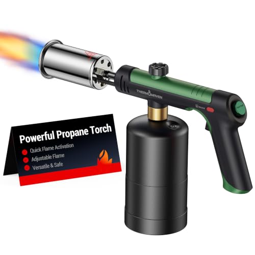 ThermoMaven Antorcha de propano con fuego máximo de un solo toque, pistola de soplete con bloqueo de seguridad, lanzallamas para encendedor de carbón, cabezal de antorcha de cocina para parrilla, Sous