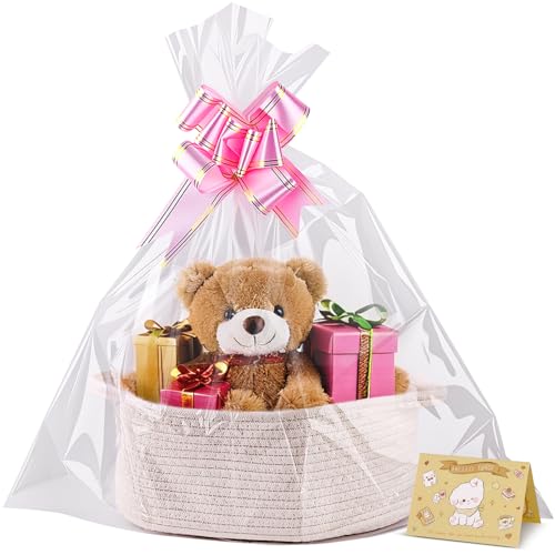 Cesta de presente vazia 30 x 20 x 12 cm - cesta trançada com bolsa de presente e fita, cesta de apresentação vazia para Páscoa, Baby Shower, aniversário, casamento, Natal (branco)