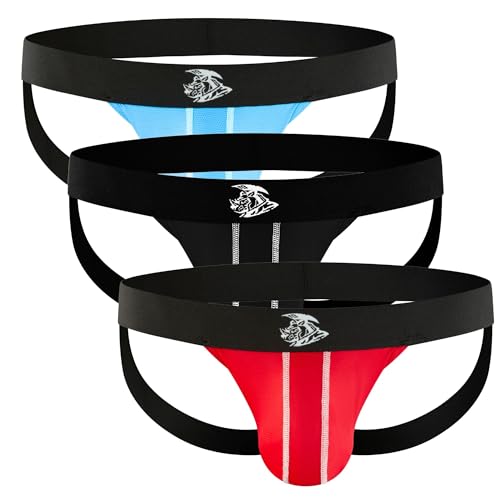 Real Men Nylon Mesh Jockstrap 3 Pack with ABCD Pouch - Black/Light Blue/Red