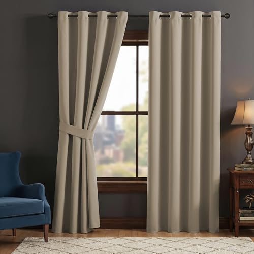 Image of LINENWALAS 100% True Blackout Curtains for Window (5 Feet) - Set of 2 | Matte Finish Complete Light Block | Thermal Insulated & Noise Reducing Room Darkening Curtains | UV Protection (Taupe)