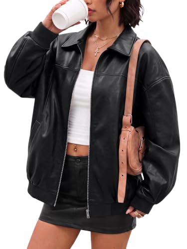 AUTOMET Womens Leather Jackets Oversized Zip Up Faux Bomber Coats