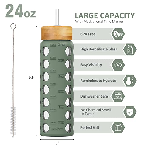 Mukoko 24Oz Glass Water Bottle With 2 Lids-Handle Flip Lid&Bamboo Straw Lid,Motivational Water Tumbler With Time Marker Reminder And Silicone Sleeve, Leakproof-Olive #TOP1