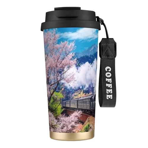 大井川鐡道と桜 コーヒーカップ 500ml真空断熱マグボトル 保温 保冷 多重構造 大容量 直飲み ストロー付き洗いやすい アウトドア 漏れ防止 サーモス水筒 食品グレードステンレス316 男女兼用 車用 父の日、母の日ギフト 外出、自宅、オフィス使用
