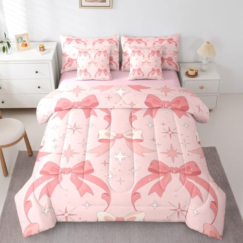 Image of Kawaii Bow Full Size Bed Sheets and Comforter Set | Princess Bow 7 Piece Bedding Set Dreamy Ribbon Bowknot Bed in a Bag, Stars Watercolor Room Decor,Pink Bow Decor